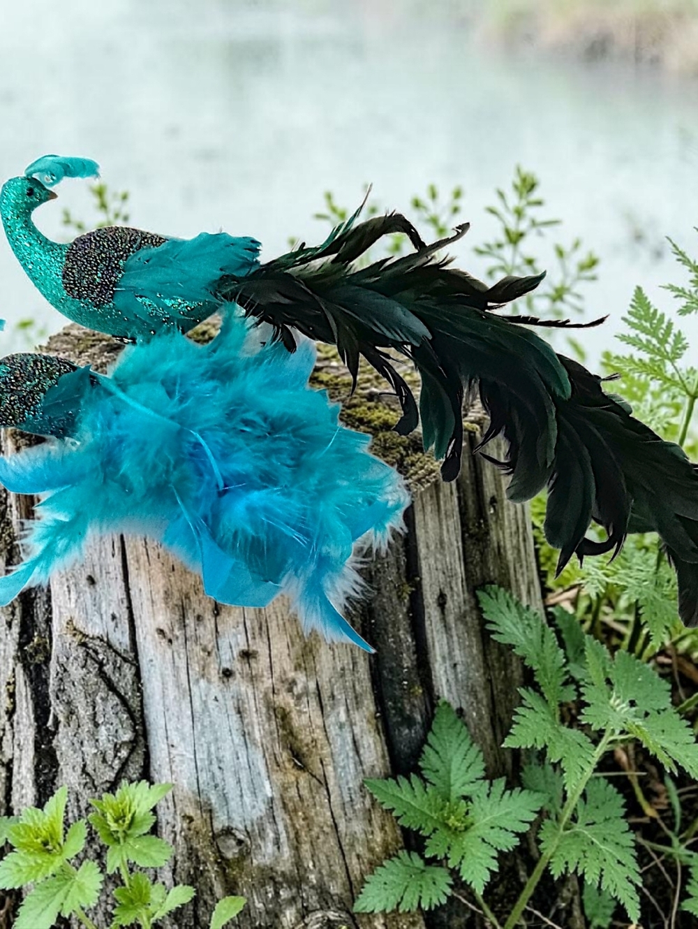 2 Vtg‎ Beaded Feathered Peacock Bird Ornaments Clip LARGE Blue Victorian Style